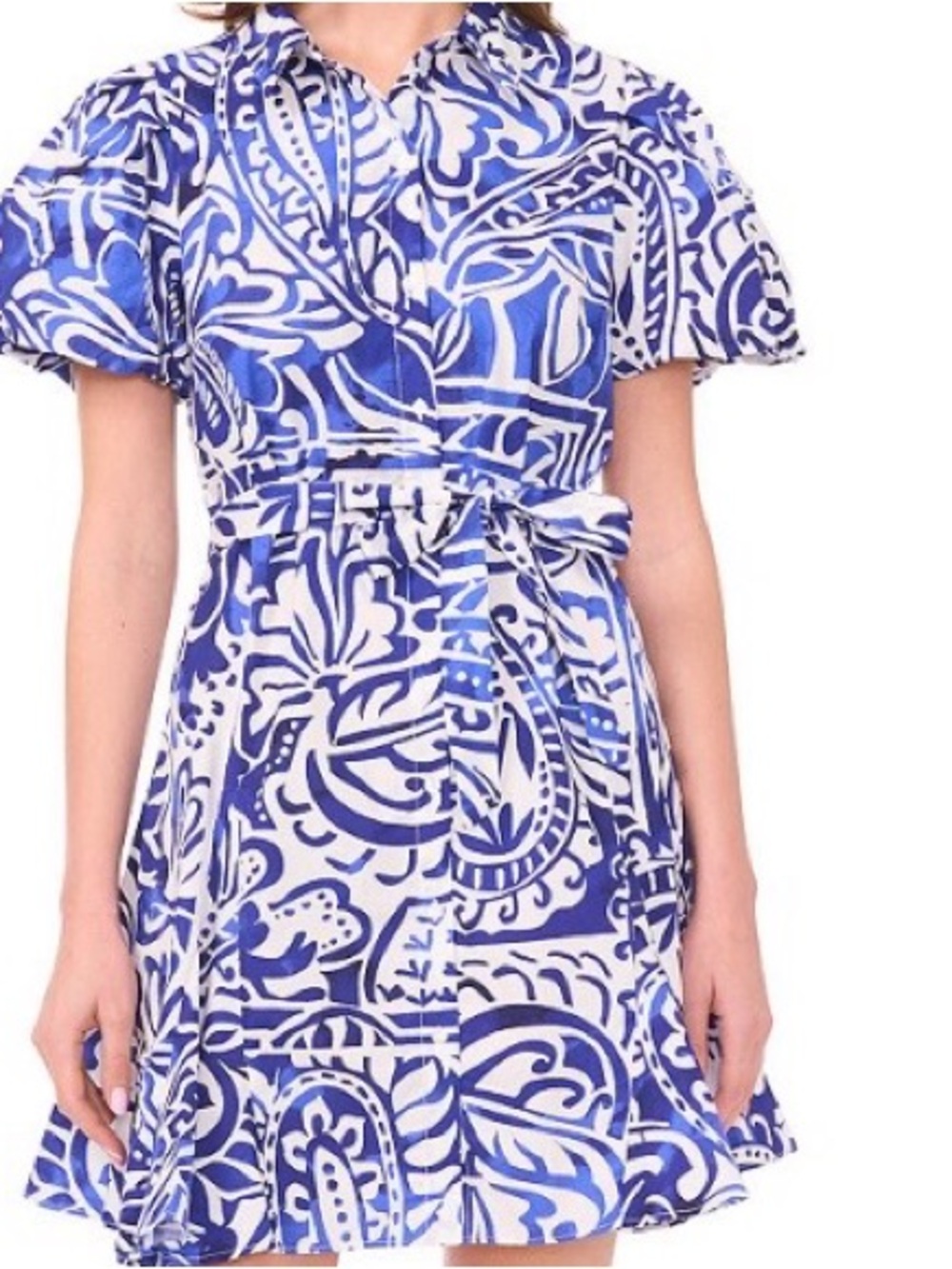 MSK Blue and White Printed Short-Sleeve Tie-Waist Dress